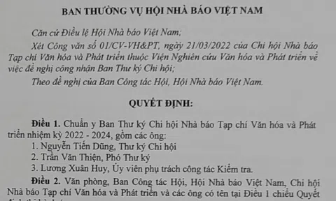 Công nhận Ban Thư ký Chi hội Nhà báo Tạp chí điện tử Văn hóa và Phát triển