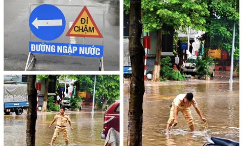 Vĩnh Phúc: CSGT TP Vĩnh Yên phân luồng giao thông tránh những tuyến phố ngập sâu, bảo đảm an toàn