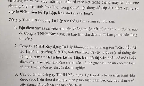 Phú Thọ: Công ty Tự Lập bác thông tin không chính xác về sự cố thang máy tại phường Việt Trì