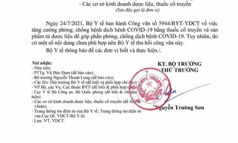 Bộ Y tế thu hồi văn bản danh mục 12 loại thuốc cổ truyền hỗ trợ điều trị COVID-19