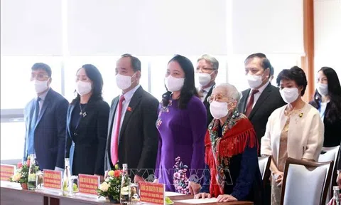 Trao Huy hiệu 75 năm tuổi Đảng cho nguyên Phó Chủ tịch nước Nguyễn Thị Bình
