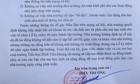 Phú Thọ: Thông tin không đúng về đóng góp kỷ niệm 40 năm thành lập Trường Tiểu học Đinh Tiên Hoàng (Việt Trì) 