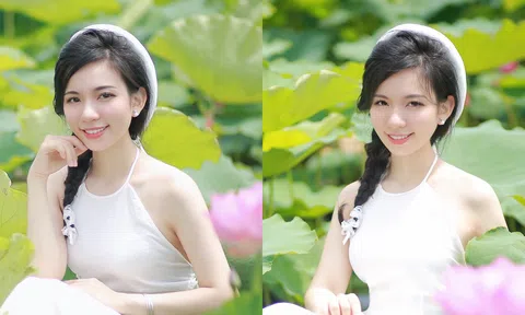 Hoa Khôi Nghiêm Hoàng Diễm Anh đọ sắc với hoa sen