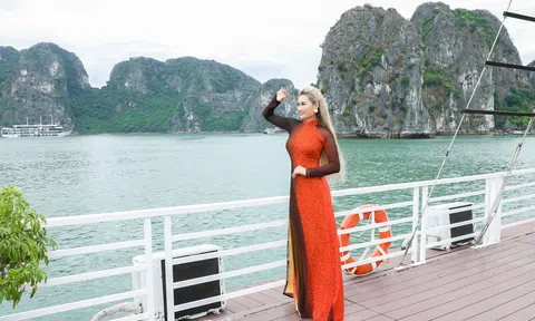 Hoa hậu Trịnh Lan Trinh diện Áo dài nổi bật giữa Vịnh Hạ Long