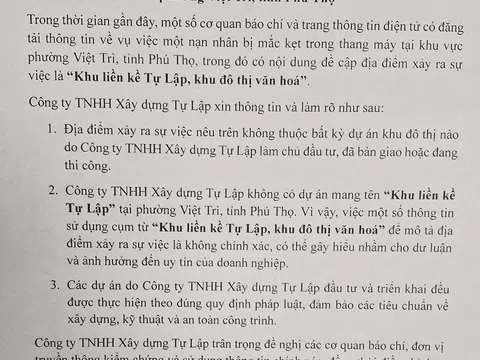 Phú Thọ: Công ty Tự Lập bác thông tin không chính xác về sự cố thang máy tại phường Việt Trì