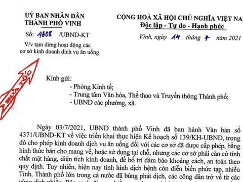 Nghệ An: Tạm dừng dịch vụ kinh doanh ăn uống tại chỗ từ 14 giờ chiều 14/7 tại TP Vinh