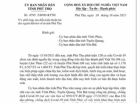  Đề nghị các tỉnh giáp ranh không cách ly 7 ngày với người đến/ trở về Phú Thọ