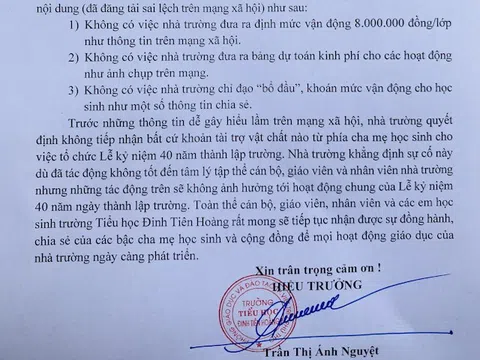 Phú Thọ: Thông tin không đúng về đóng góp kỷ niệm 40 năm thành lập Trường Tiểu học Đinh Tiên Hoàng (Việt Trì) 