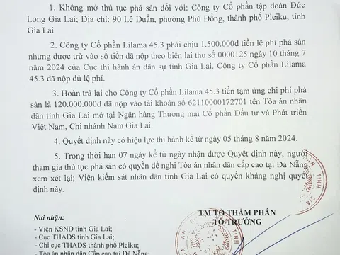 Không mở thủ tục phá sản đối với Công ty Cổ phần Tập đoàn Đức Long Gia Lai